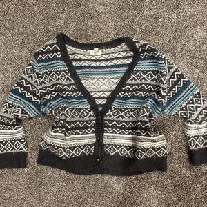 Lands' End Women's Geometric Cardigan - Black, Blue, and White